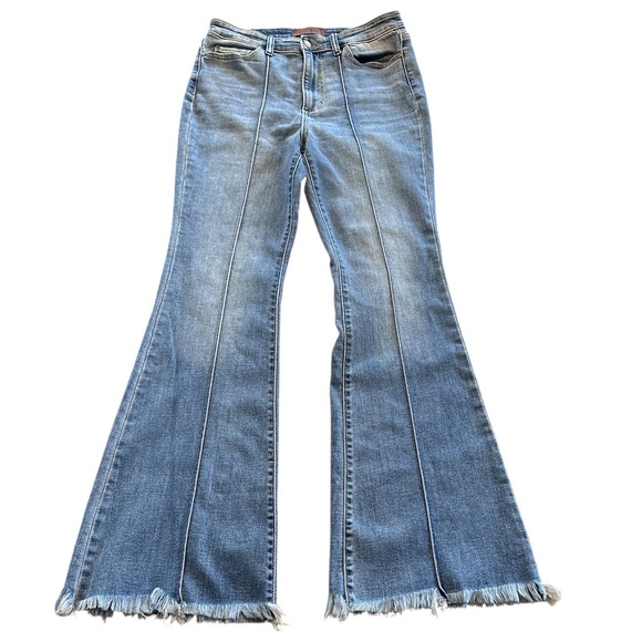 Judy Blue Flare Jeans High Rise Front Seam Raw Hem Boho Denim 30x33 Sz 11 Spring - Picture 2 of 12